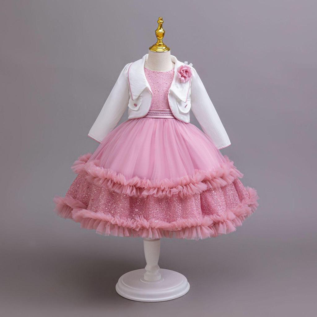 Dívčí šaty set Jaro Podzim Flitrovaná tylová sukně Dětské párty šaty Roztomilé princeznovské šaty a kabát Oblečení 2dílný oblek 5-11 let