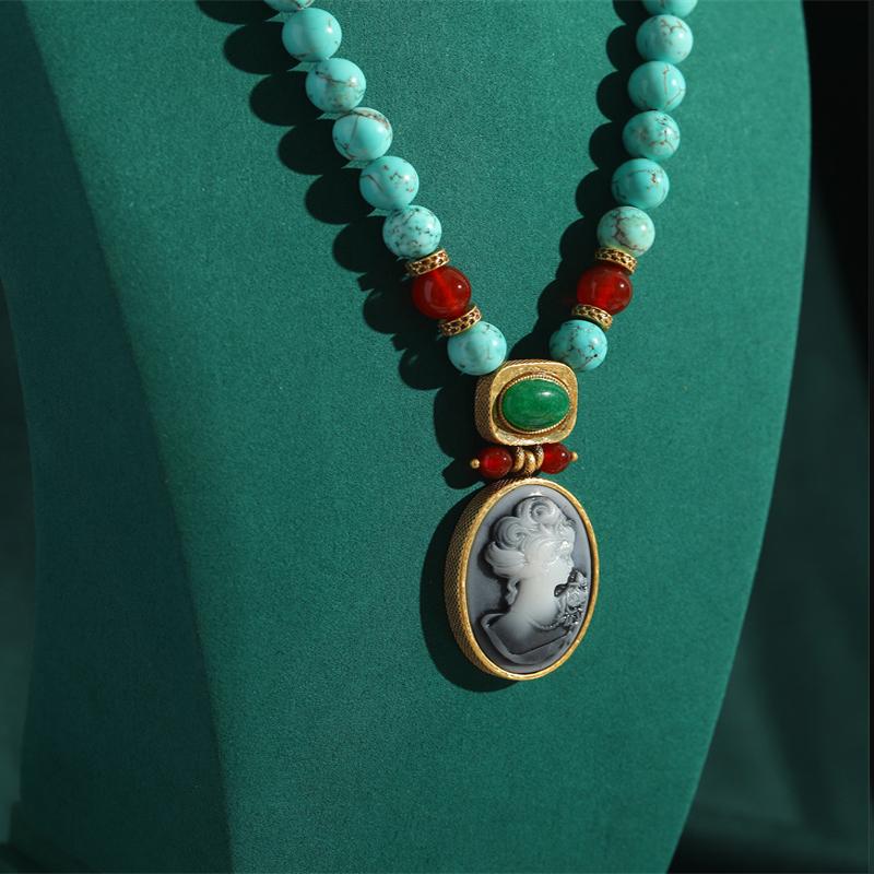 Vintage Türkis Halskette Für Frau Lange Perlenkette Ovales Cameo Kopf Anhänger Schmuck Geschenk Antik Boho Accessoires Böhmen