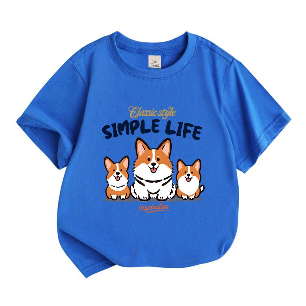 Kids Boys Girls 100% Cotton Crew Neck Short Sleeve T-Shirt, Cute Three Smiling Corgi Dogs Simple Life Print Casual Breathable Tee for Daily Summer Wea