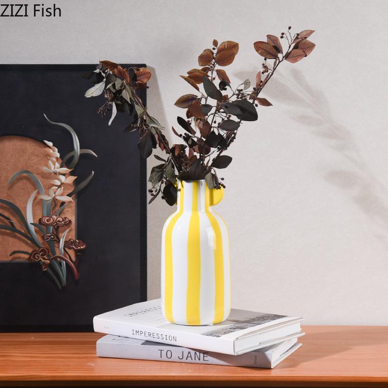 Minimalist White Stripes Ceramic Vase Hydroponics Flower Pots Desk Decoration Flower Arrangement Vases Room Aesthetic Decor