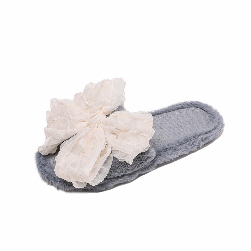 Fashion Bow Plush Slippers Winter Fashion Round Toe Open Toe Soft Sole Non-slip Wear-resistant Flats