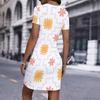 Fashion Womens Loose Diverse Flowers Pattern Print O Neck Short Sleeve Loose Streetwear A-line Dress