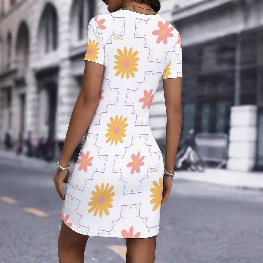 Fashion Womens Loose Diverse Flowers Pattern Print O Neck Short Sleeve Loose Streetwear A-line Dress