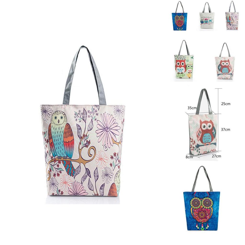 Chic And Versatile Women's Canvas Tote Shoulder Handbag With Owl Print For Daily Use