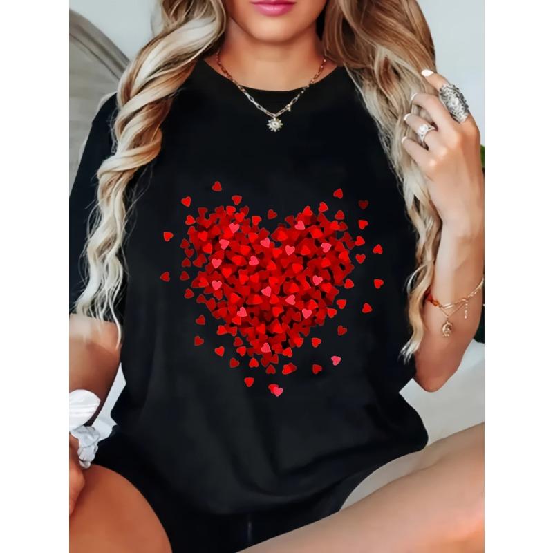 Women Loose T Shirt Black Heart Print Valentine Day Casual Top