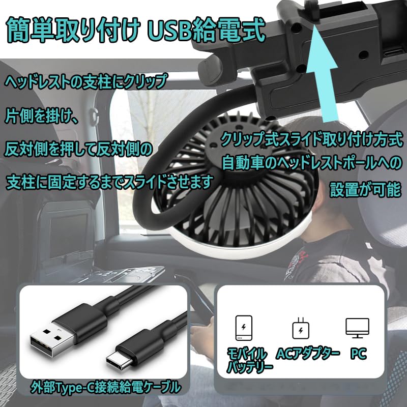 (New in Summer) Car Fan, Car Fan, USB Power Supply, Light Included, Double-Headed Headrest