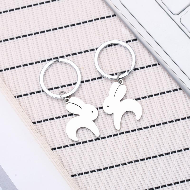 Splicing Love Rabbit Stainless Steel Keychain Cute Heart Design Fashion Couple Best Friend Pendant Practical Gift