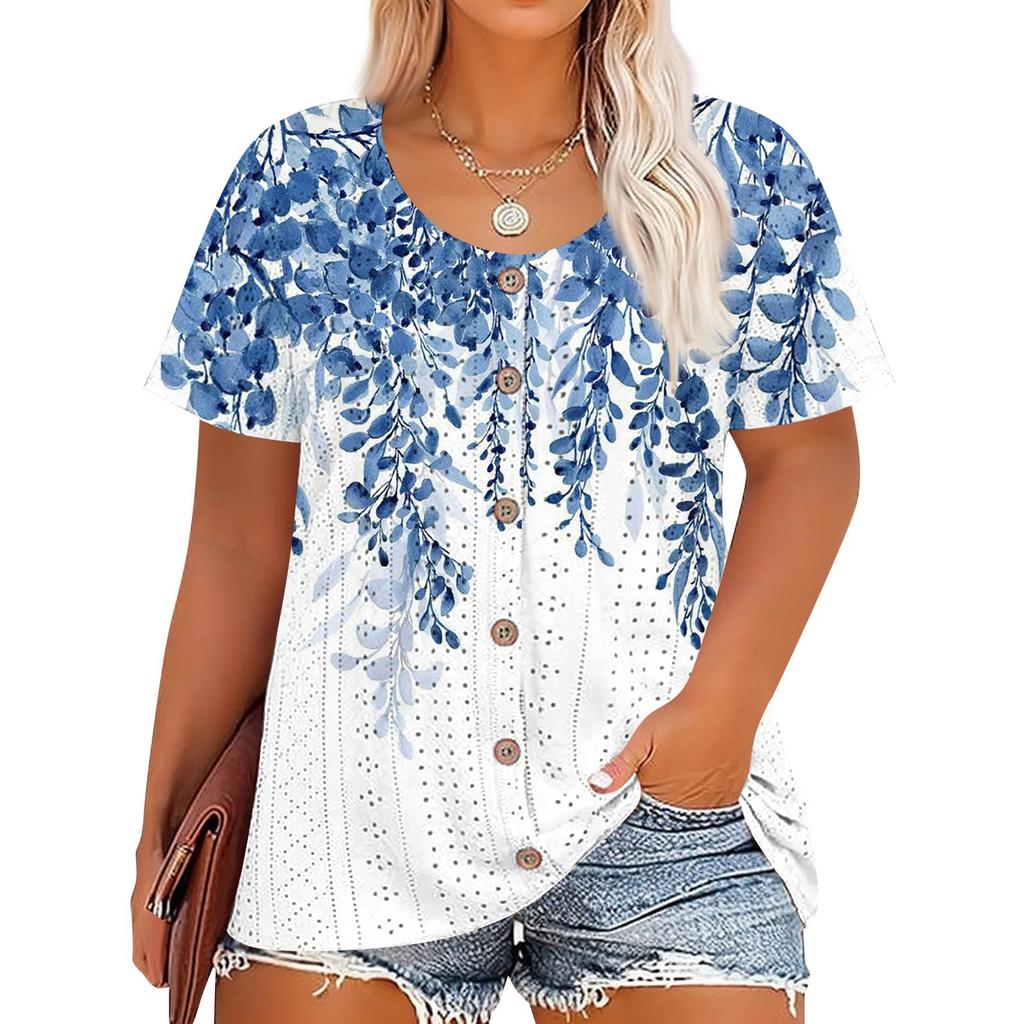 Plus Size Women's Fashion Casual Vintage Printed O-Neck Short Sleeve Button T-Shirt Top