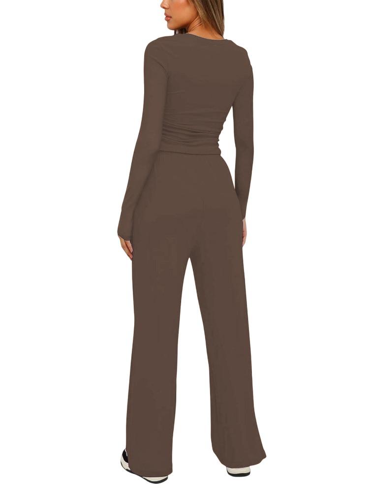 Solid Color Casual Long Sleeve Set Top High Waisted Wide Leg Pants Sportswear