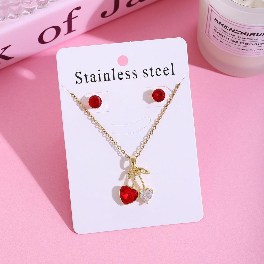 Strawberry Cherry Inlaid Necklace & Earrings Set, Light Luxury Design, 304 Stainless Steel Clavicle Chain for Women