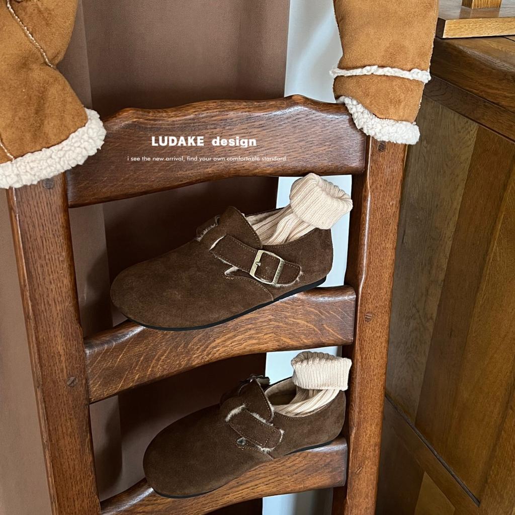 One Pedal Lazy Fluffy Shoes To Keep Warm, the Inner Height Increases by 3.5 Cm, Genuine Leather Boken Velvet Version Women's Shoes