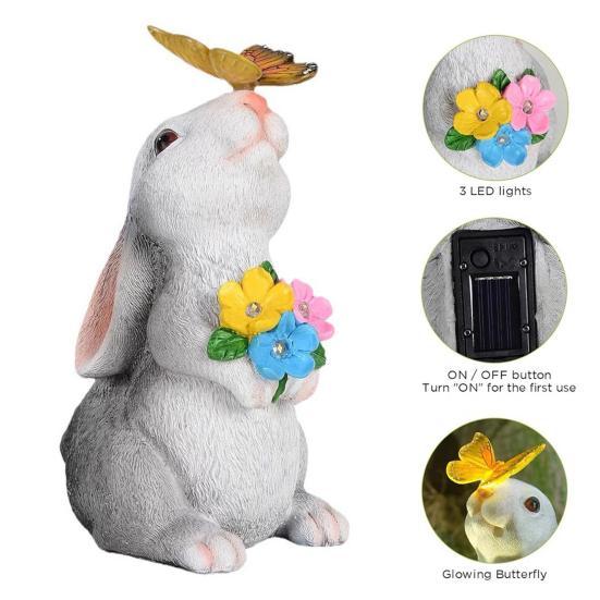 Outdoor Solar Rabbit Statue with LED Light Garden Waterproof Resin Butterfly Bunny Figurine Patio Yard Lawn Easter Decoration Ornament