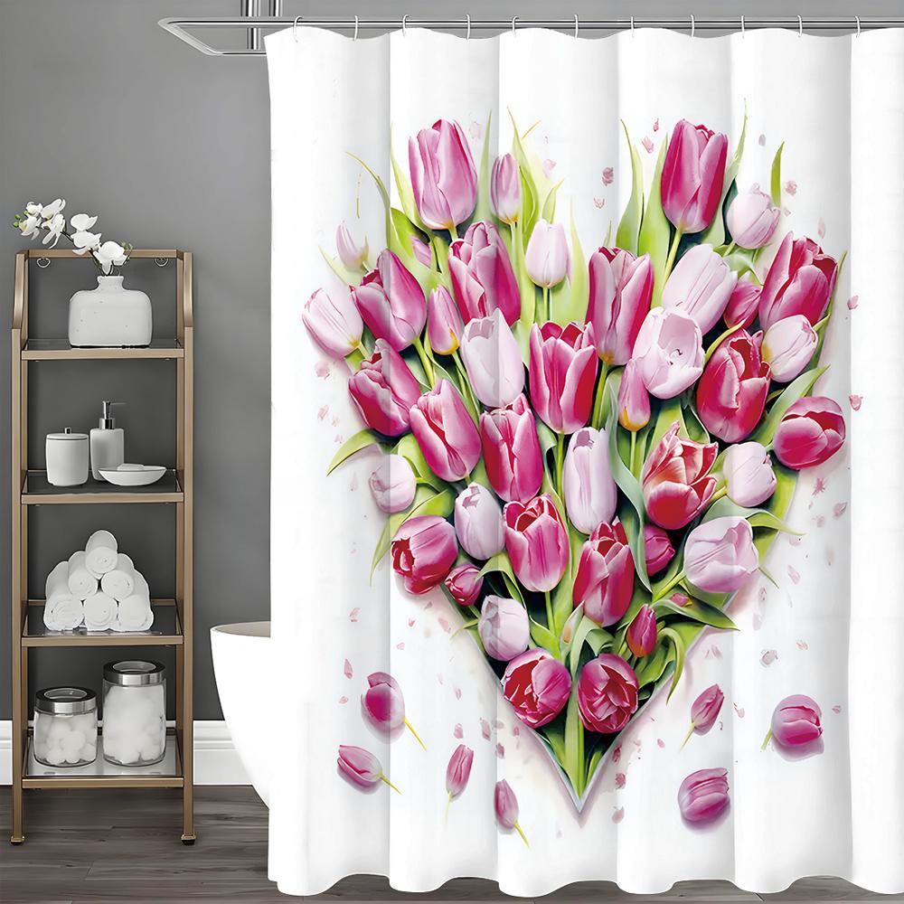 Mother's Day Love Tulip Shower Curtain, Bathroom Decorative Shower Curtain, Waterproof Shower Curtain with Hooks