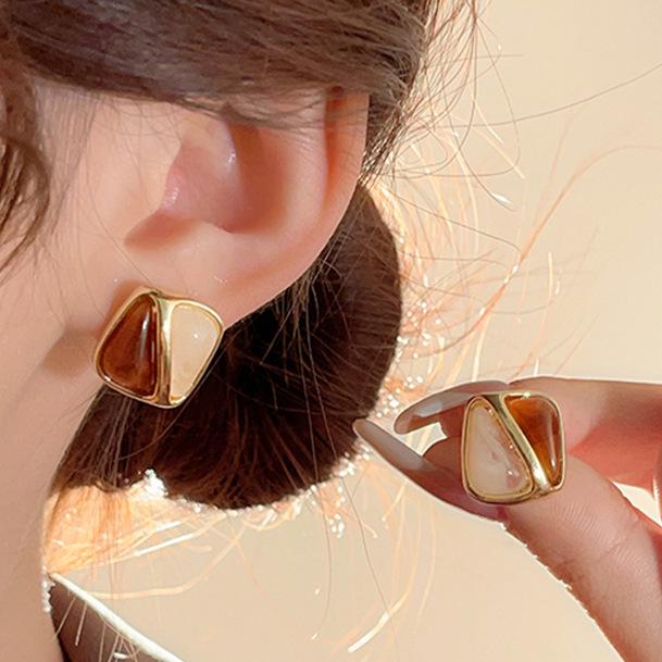 Autumn Winter 2025 High-End Maillard Color Block Coffee Ear Clips and Stud Earrings for Women