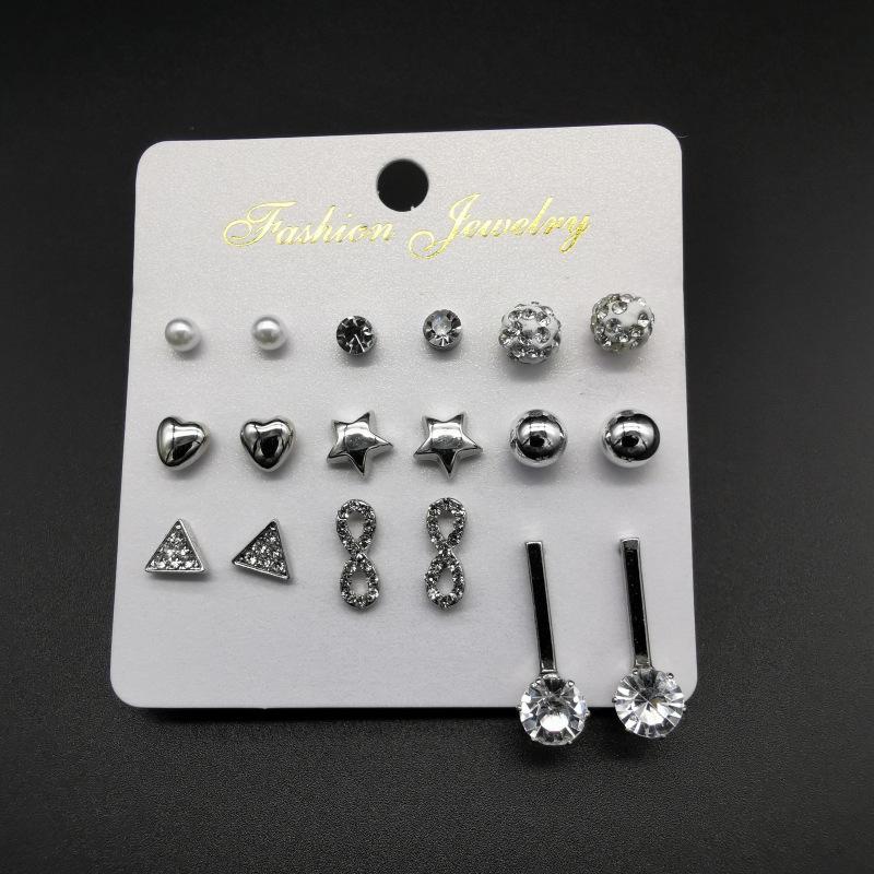 

Набор серег со стразами: Треугольники, Восьмерки, Сердца и Звезды - 9 пар серебряный