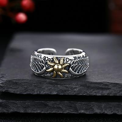 Retro Sun Wings Graffiti Ring For Men Zinc Alloy Color Punk Gothic Adjustable Ring Handmade Rock Unisex Zircon Accessories Man Gift