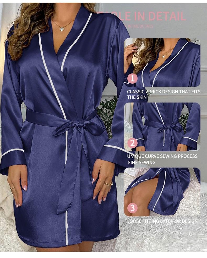 Women's European & American Style Ice Silk Nightgown with Long Sleeves – Comfortable, Close-Fitting, Sexy Pajamas & Bathrobe Set