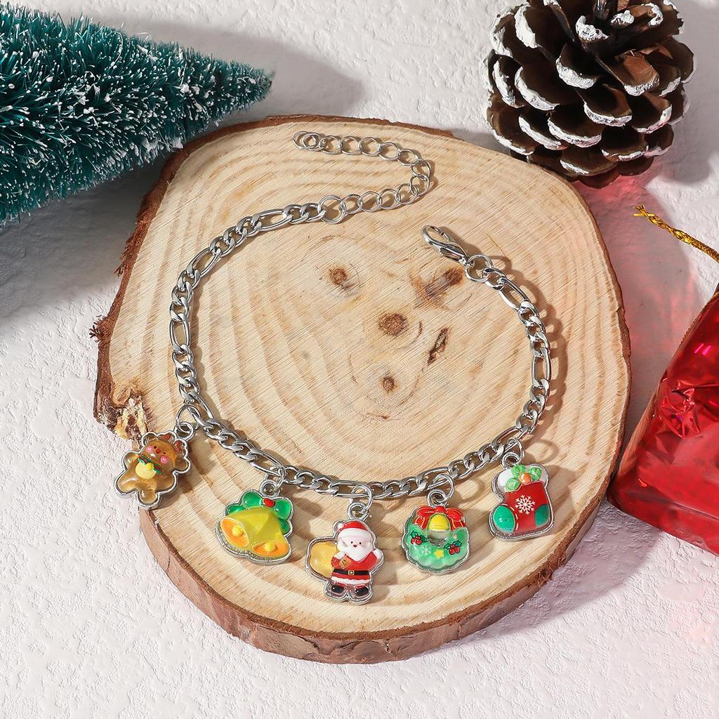 European & American Christmas Cartoon Charm Bracelet with Santa Claus, Bell, and Tree Pendants