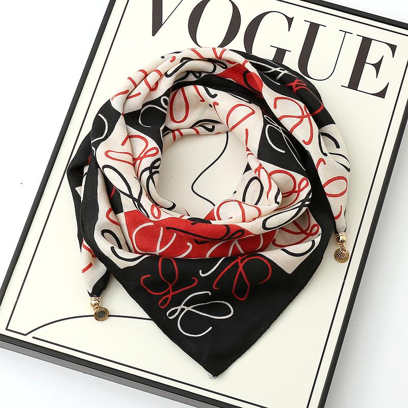 Women's 65" Silk Square Scarf with Magnetic Buckle – Autumn/Winter Print, Fashionable & Versatile Triangle Snood