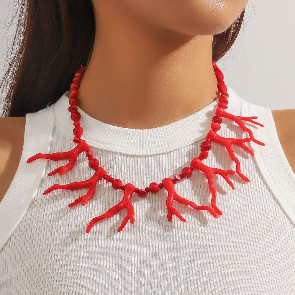 Multi-layer Beaded Coral Necklace Bohemia Ocean Style Beach Choker Coralal Pendant Necklace  Summer