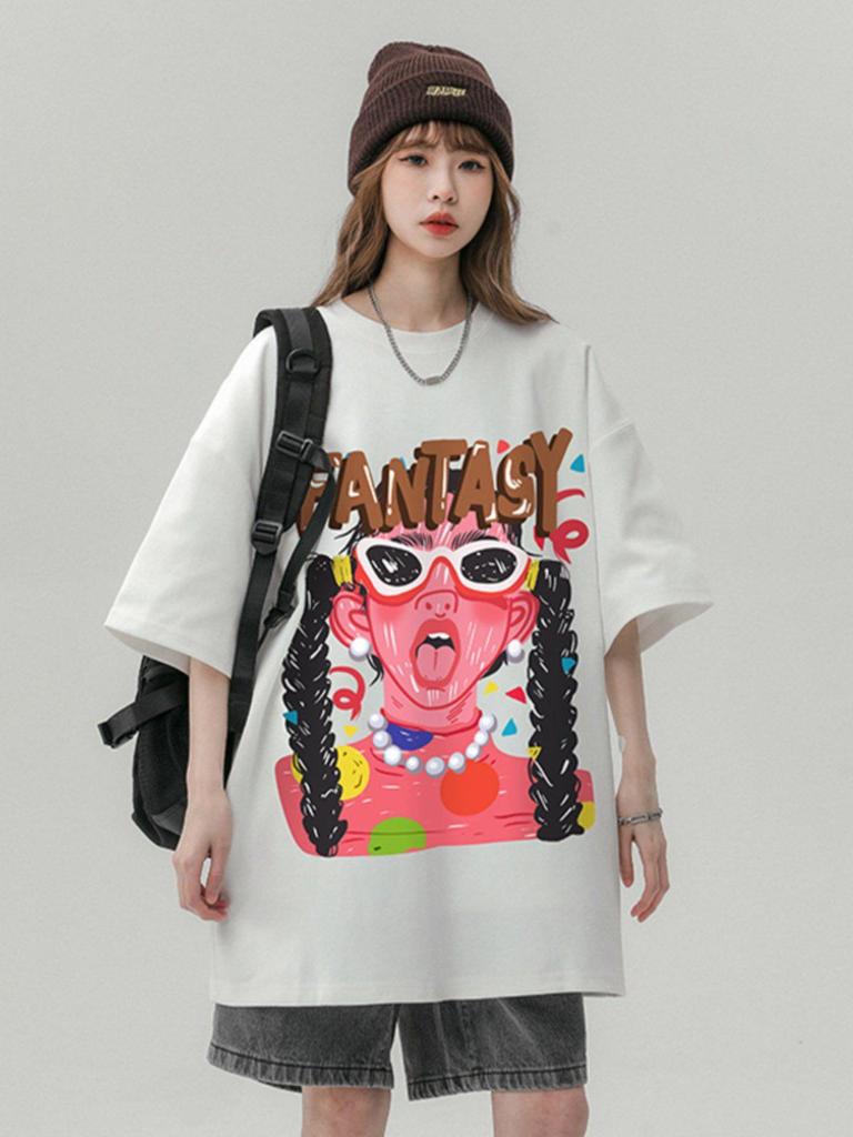 Unisex Retro Graffiti Print Loose-fit Cotton T-shirt - Plus Size Available