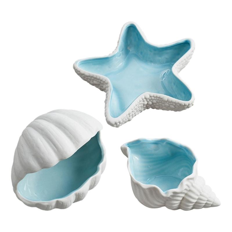 Elegant Coastal Themed Ceramic Dish For Jewelry Storage Makeup Vanity Tabletop Decorative Display Tray