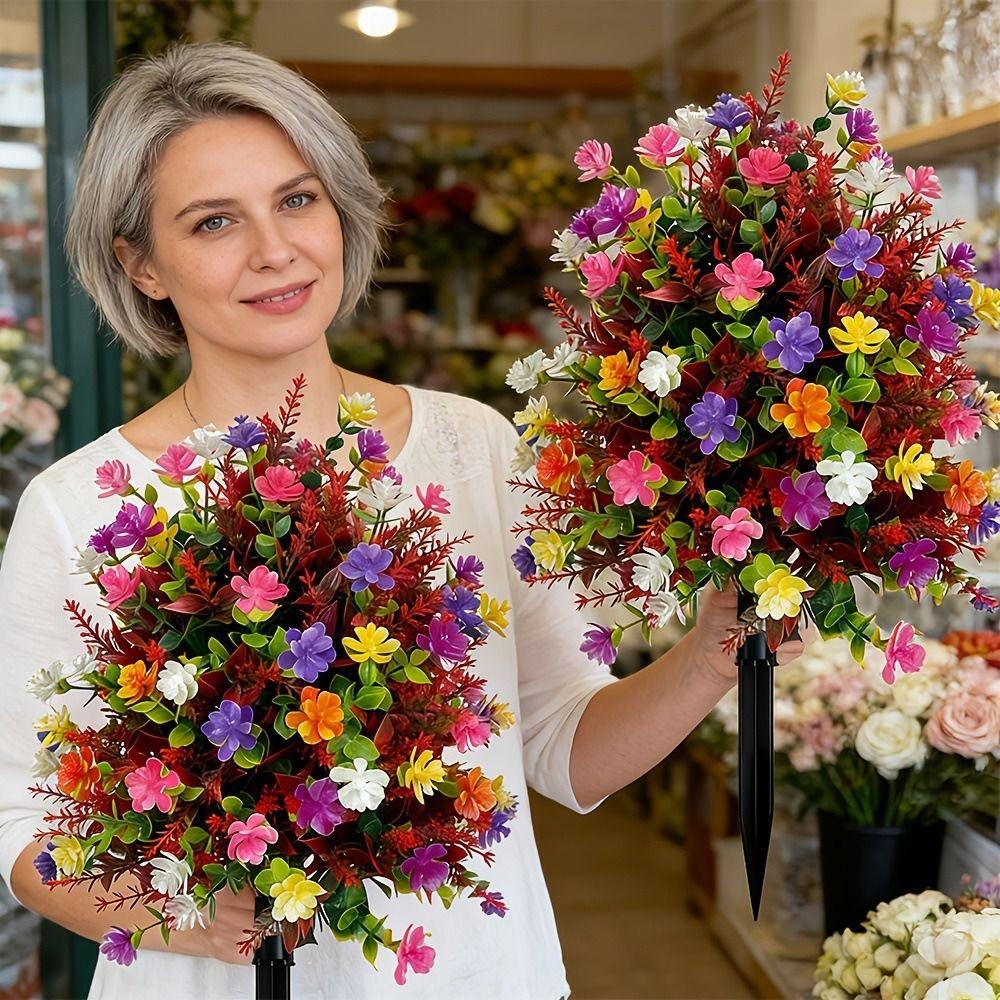 18 Inch Artificial Flower Stake Multicolor Bouquet Artificial Petunias with Ground Stake Outdoor