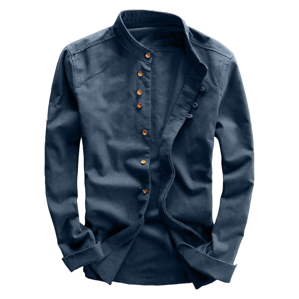 Men's Color Stand Collar Long Sleeve Casual Shirt Cotton Linen Loose Fit