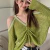 Loose Hollow Shoulder Long Sleeved Knitted Sweater for Women In Summer Sweet and Cool Pullover Sunscreen Cover Spicy Girl V-neck White Top