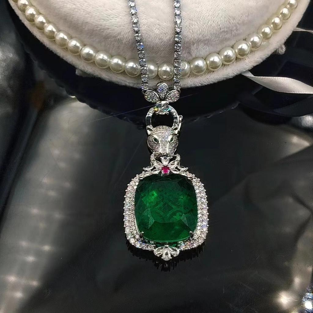 Leopard Head Pendant Large Square Synthetic Stone Full of Diamonds Large Colored Gemstone Long Necklace Jewelry