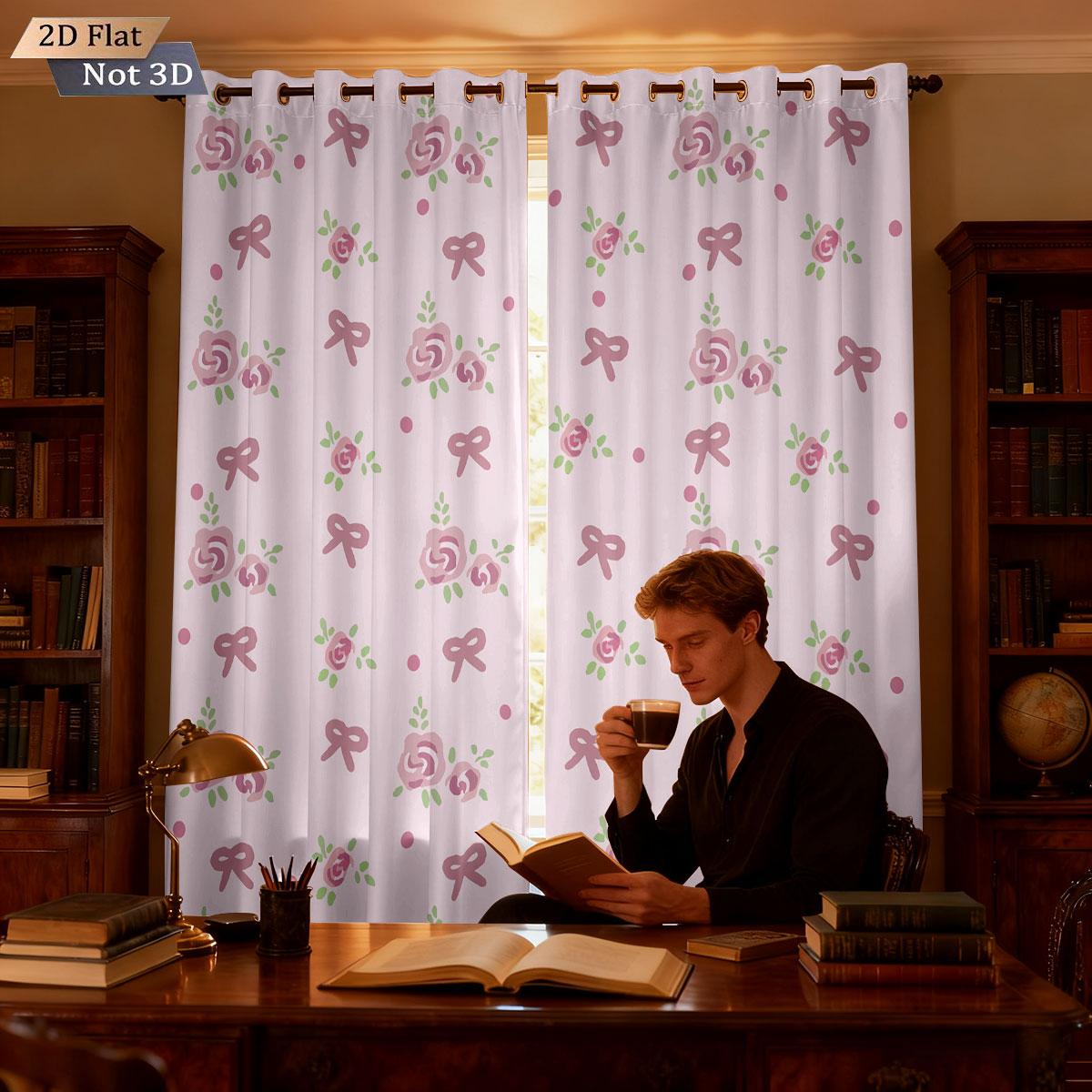 

Set Of 2 Pink Valentine Day Bow Printed Curtains Multiple Sizes Living Room Insulation Holiday Decoration Easy Install Curtain Light Blocking For Area W100*H70(CM)-Hooks&2PCS