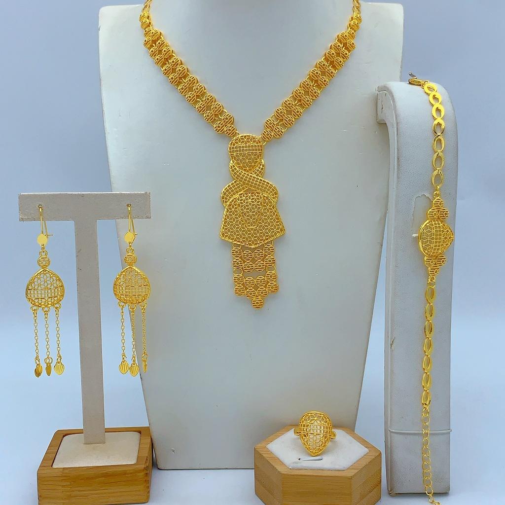 UAE Dubai Indian Bride Gold Plated 24K Gold Jewelry Four Piece Women's Necklace Bracelet Earrings Ring 2026