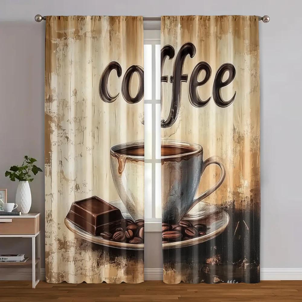 

Set Of 2 Vintage Curtains Print Coffee Chocolate Fabric Without Rod Decorations Outdoor Perfect Curtain Made Polyester Machine Washable W100*H70(CM)-Grommet top&2PCS