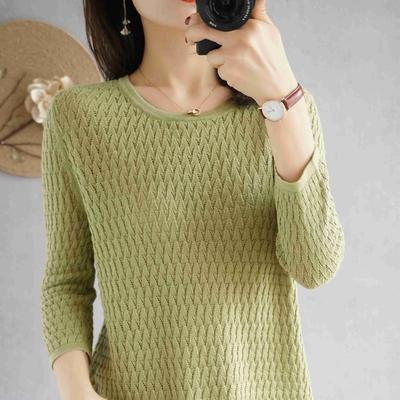 Rundhals Aushöhlen Baumwollfaden Dreiviertelärmel Strick-T-Shirt für Damen Im Sommer Locker und Vielseitig Lässiges und Bequemes Oberteil