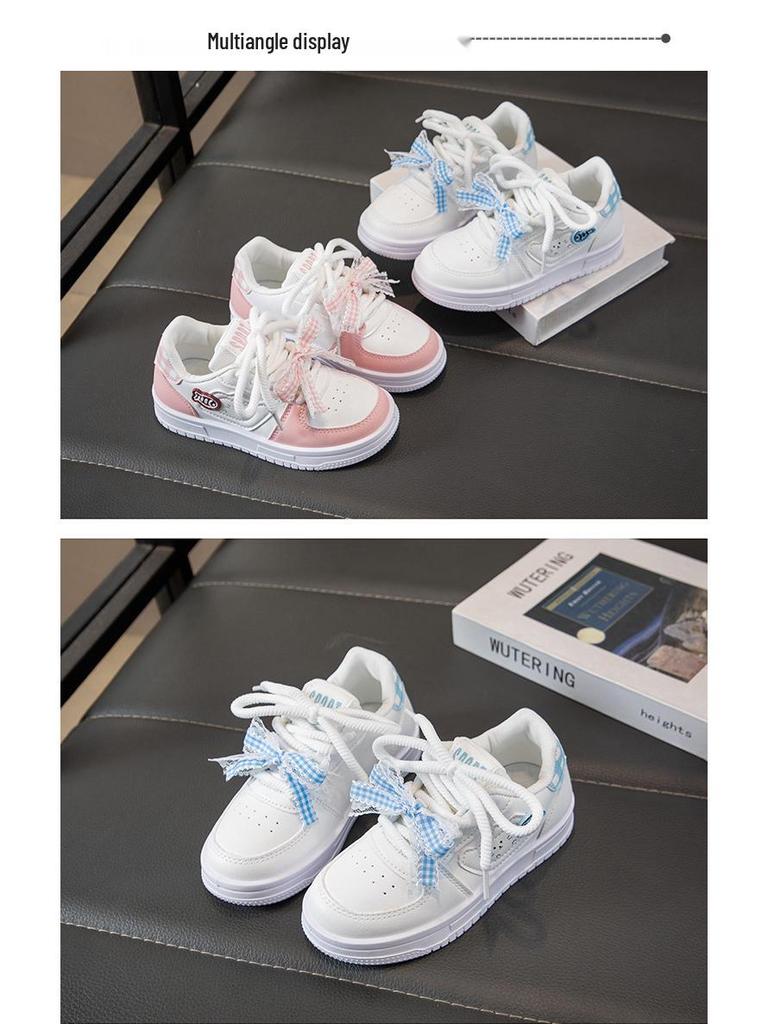 Girls' Leather Spring Bowknot Sneakers - White, Big Kids, Student-Friendly