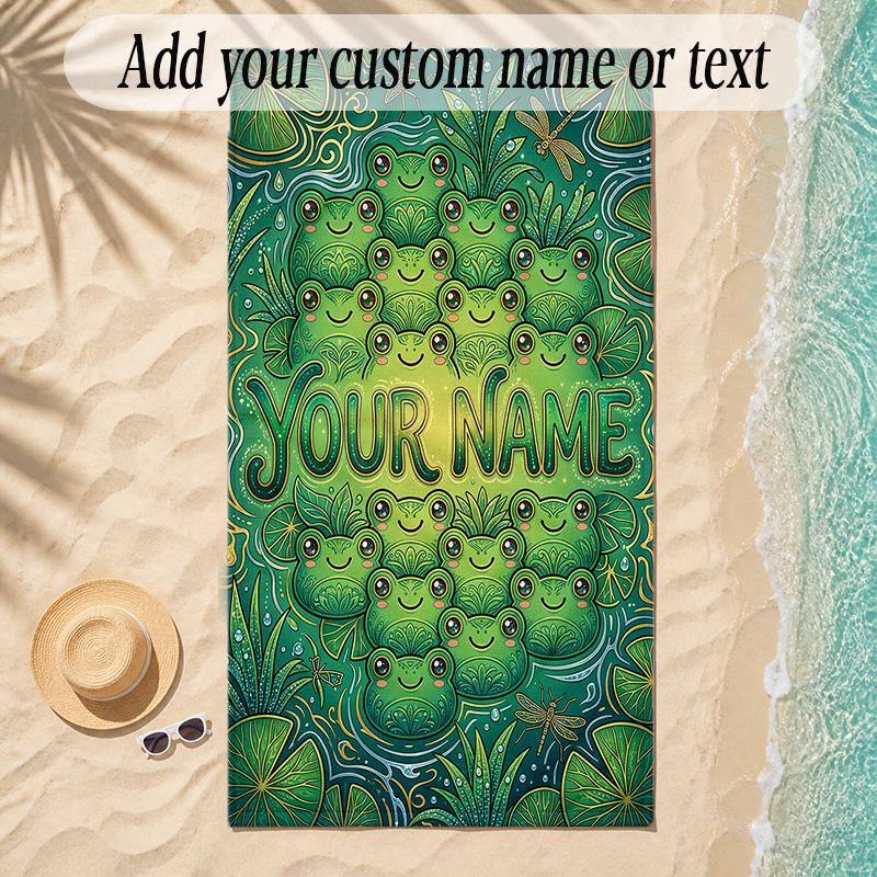 Frog Theme Soft Beach Towel Personalized Custom Name Text Towel Portable for Beach Pool Travel