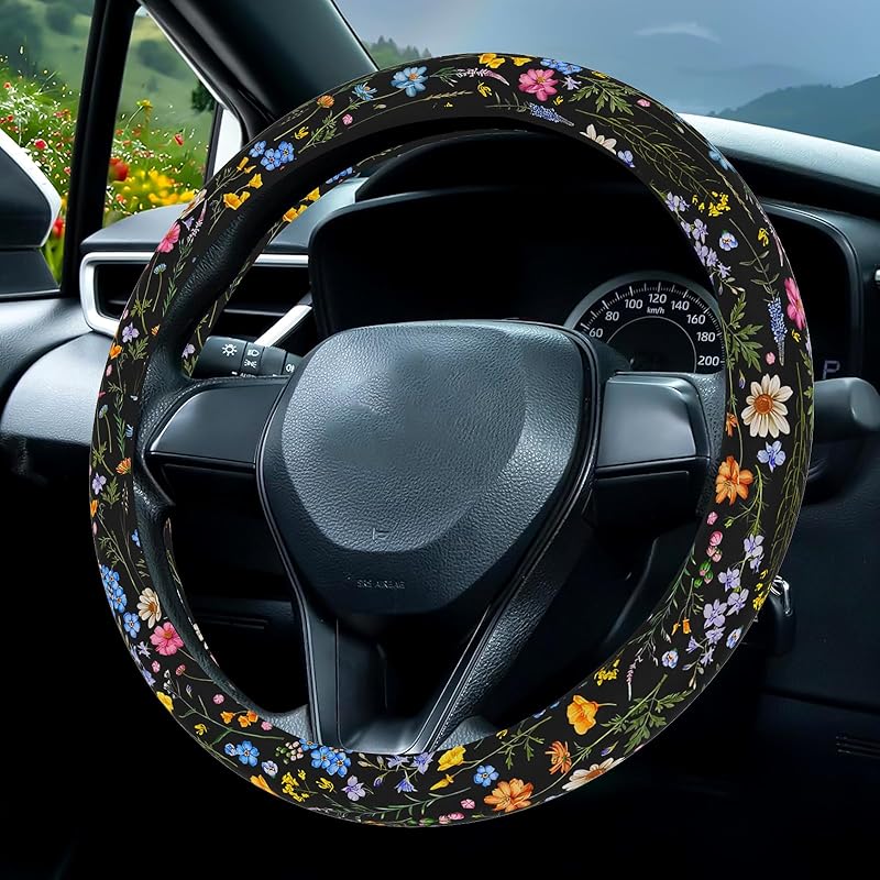 Wildflower Car Steering Wheel Cover, Flower Car Accessory For Diverse Cars, Cute Floral Print Steering Wheel Cover Protector For Women, For Steering