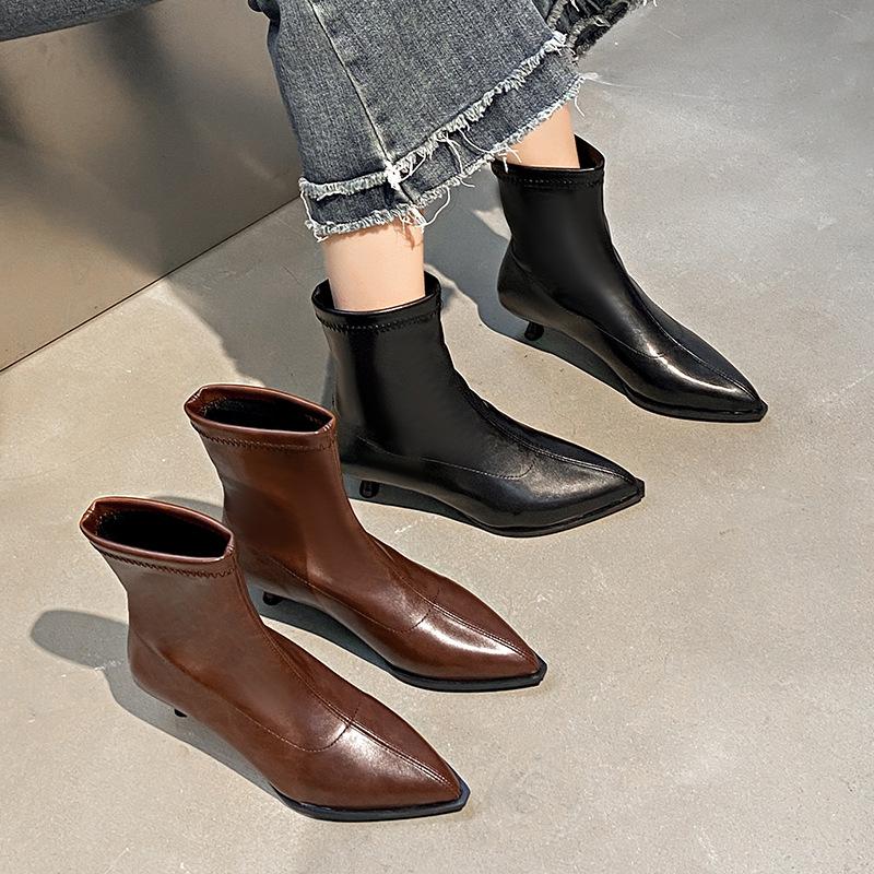 Hot Selling French Leather Boot 2025 Autumn New Women's Fashion Single Boots Pointed Toe, Thin Heel Mid Heel, Sleeve Short Boots