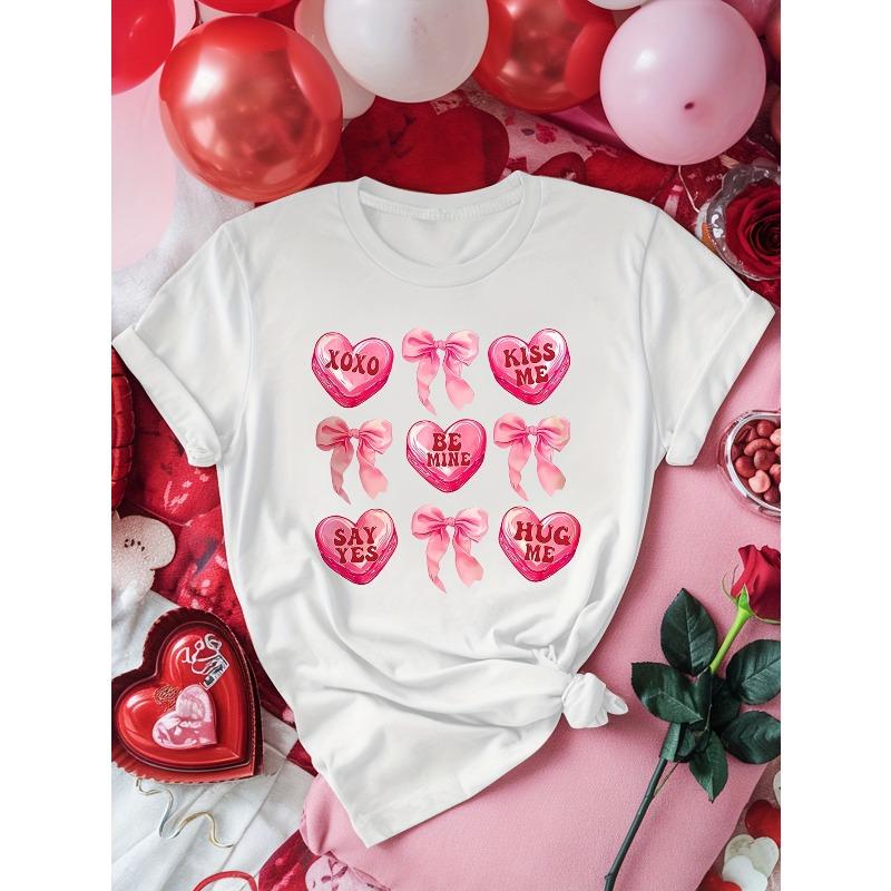 

European Size Women s Fashion Valentine s Day Cartoon Love, Bow Slogan Print T-shirt, Casual Simple Short-sleeved Crewneck Top Spring/Summer, Women s 4XL білий