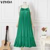 VONDA Summer Women Sleeveless Strap Solid Satin Casual Beach Loose Maxi Pleated Dress