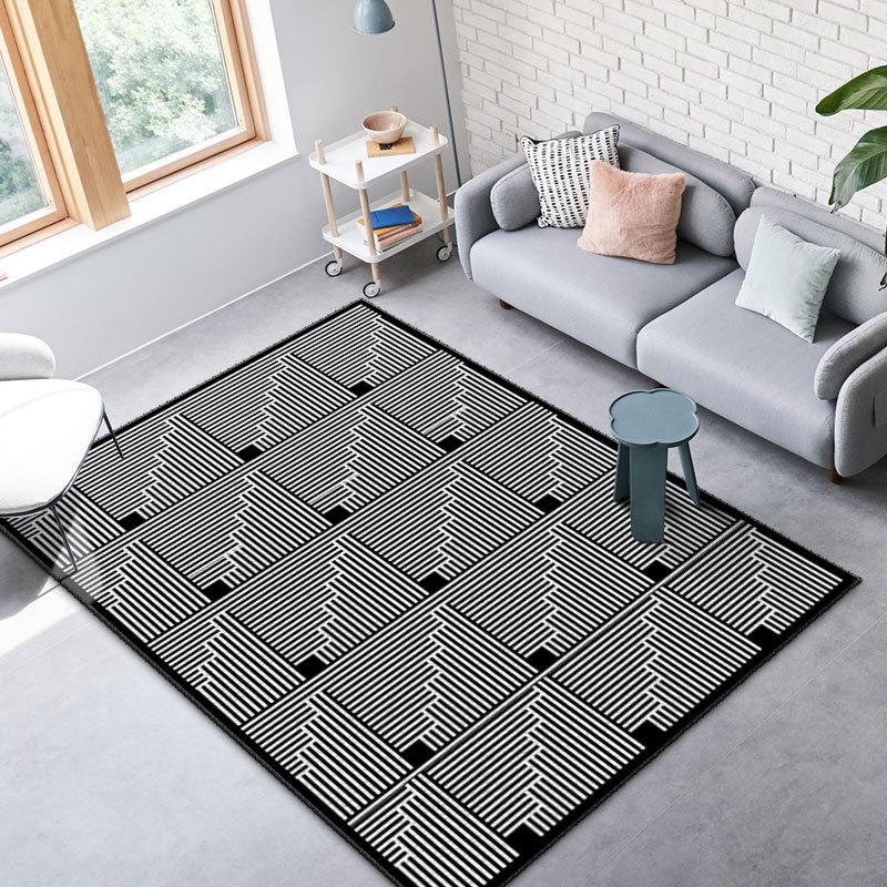 Simple Black And White Plaid Imitation Cashmere Carpet, Living Room Sand Blanket 3D Visual Striped Carpet Floor Mat Bedroom