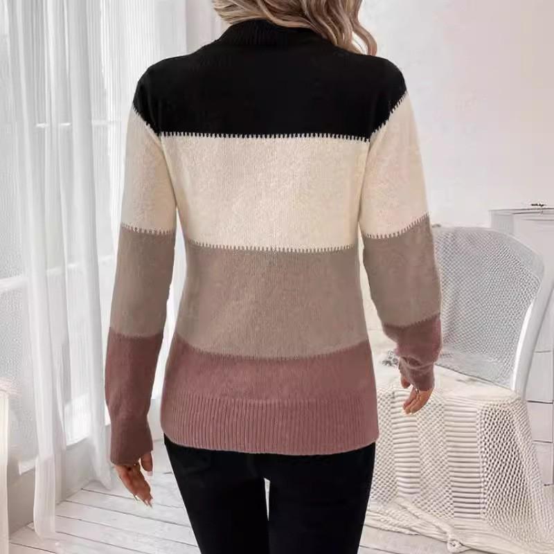 Womens Colorblock Knit Sweater Loose Fit Round Neck Long Sleeve Casual Pullover Winter