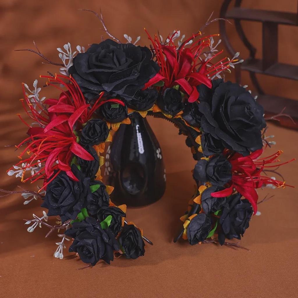Quanzhou Hanfu Silk Flower Hairpin Headband - Dark Series Floral Crown