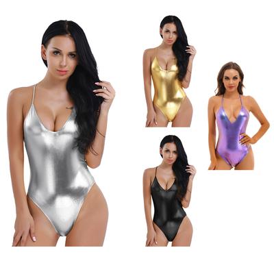 Women One Piece Swimsuit Liquid Metallic Shiny Leotard Backless Bathing Suit