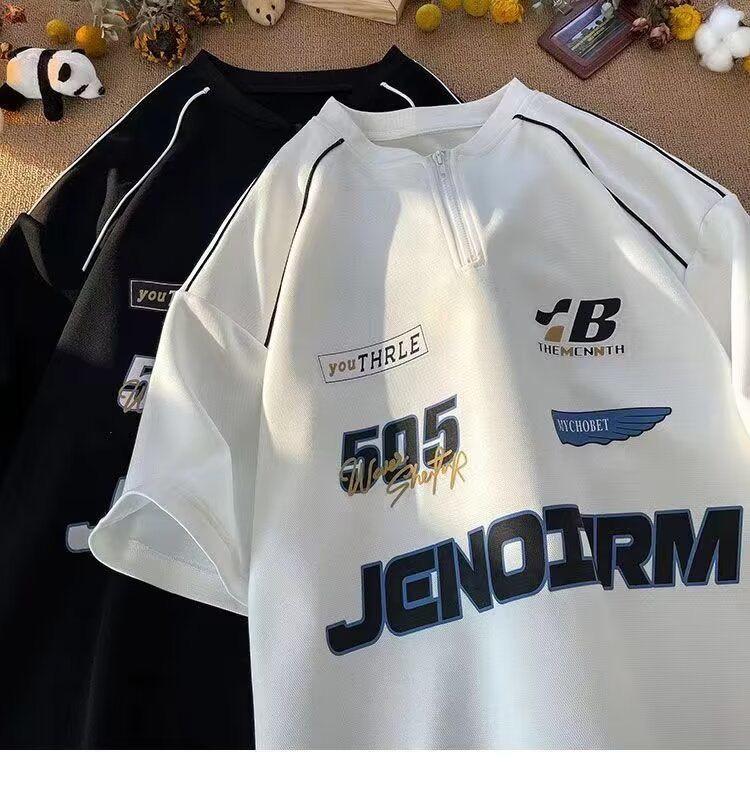 Camiseta de Manga Corta con Media Cremallera para Hombre - Alta Gama, Rebelde, Estilo Callejero Americano, para Carreras