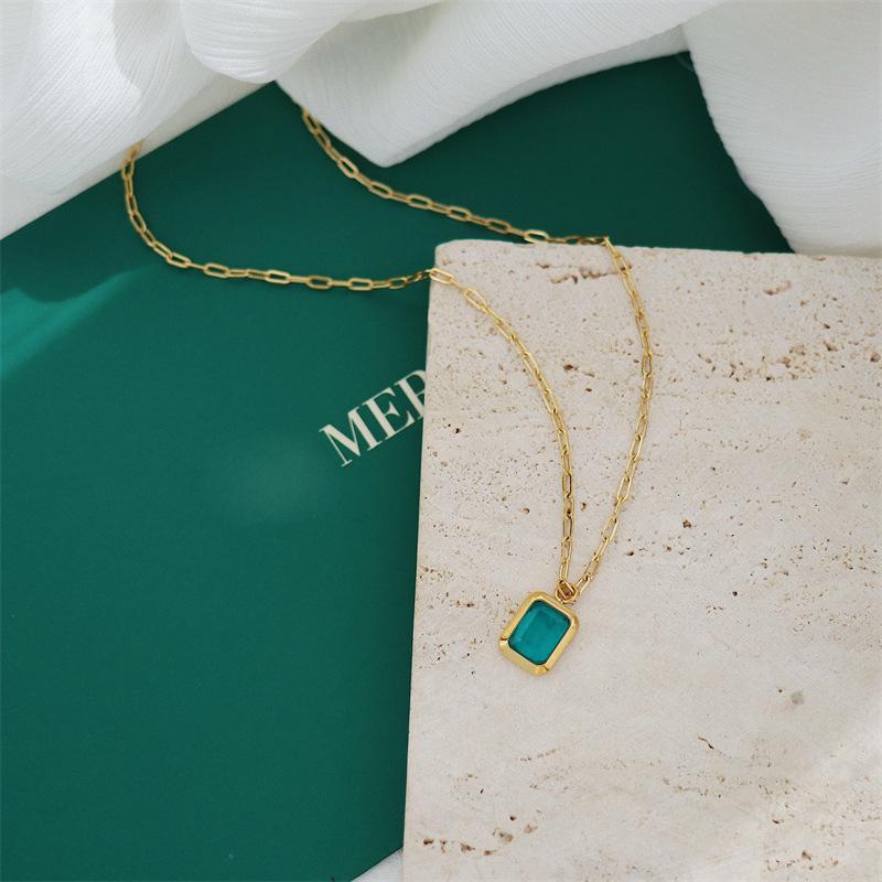 Glacier Blue-Green Diamond Square Necklace with 18K Gold-Plated Titanium Steel Clavicle Chain