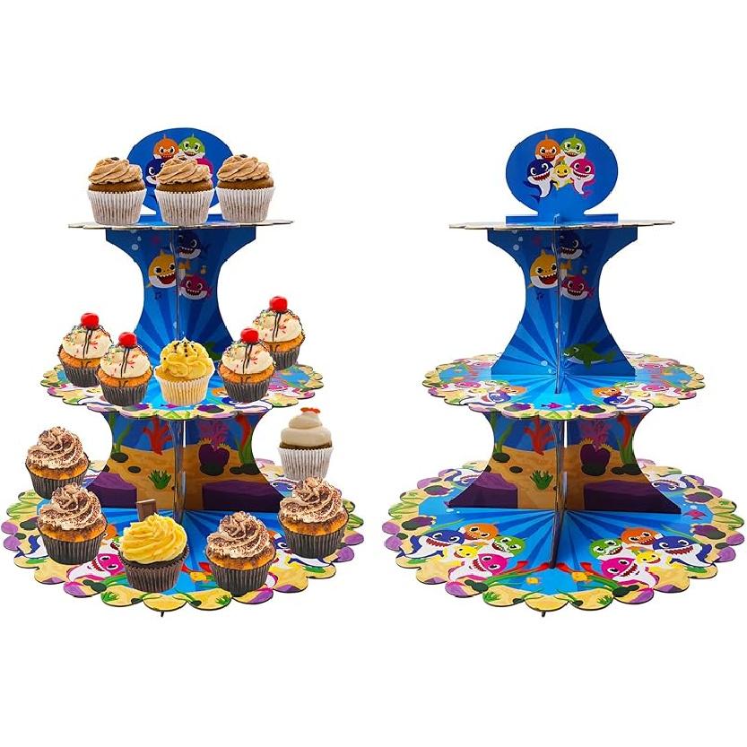 3 Tiers Cartoon Shark Cardboard Cupcake Stand Set of 2 Sturdy Dessert Candy Display Towel Holder Stand Reusable Party Wedding Birthday Cup Cake Stand Shark Babies