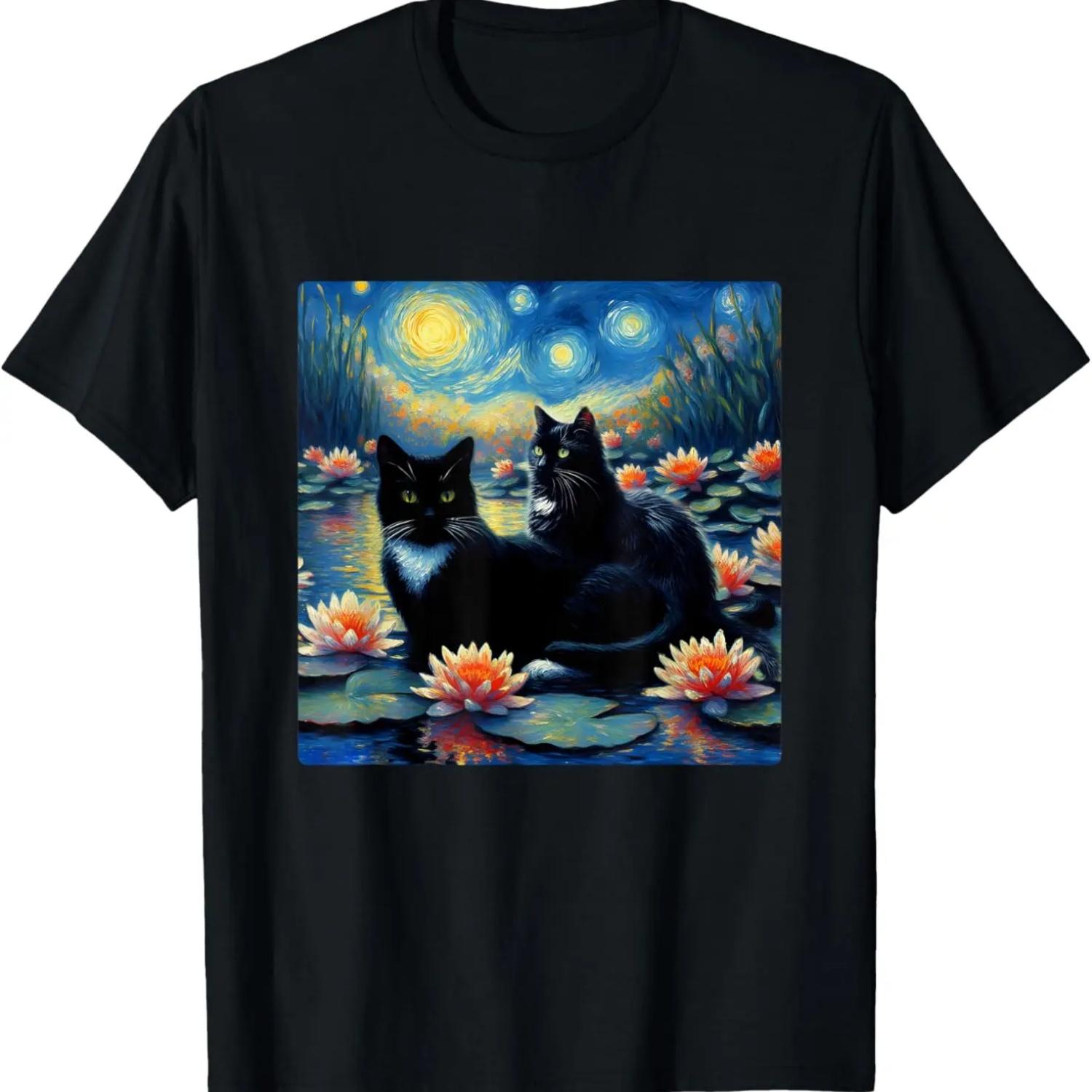 

Couple Black Cat Waterlily Painting Art Style T-Shirt XXXXXL чёрный