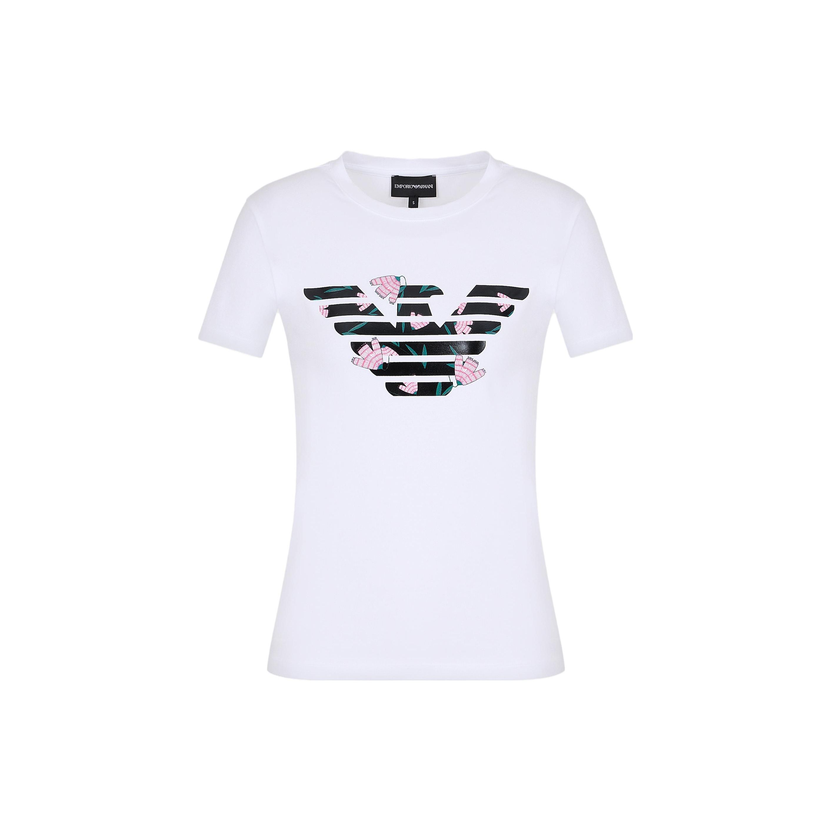 Emporio Armani FW23 Brand Logo Eagle Floral Print Crew Neck Short Sleeve T-Shirt Women t-shirts White 6R2T7N-2J07Z-0100 S