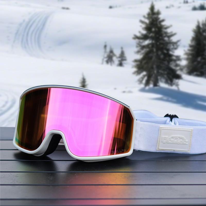 Double-Layer Anti-Fog Ski Goggles With Cylindrical Lens UV Protection Adults Prescription Insert Compatible White Frame Pink Lens